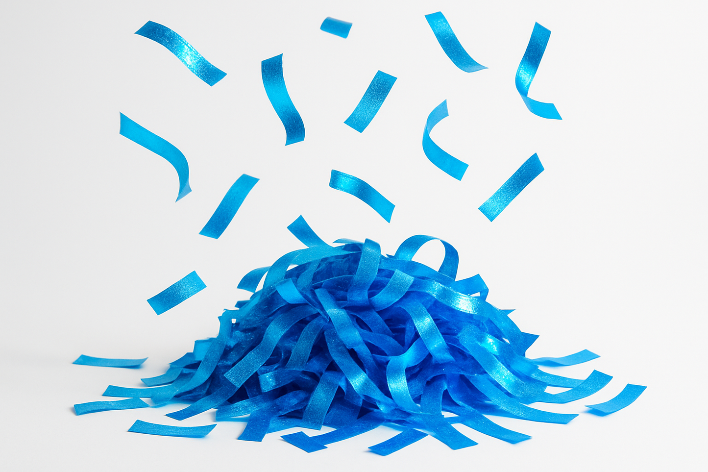 neon blue confetti strips in a pile with some floating