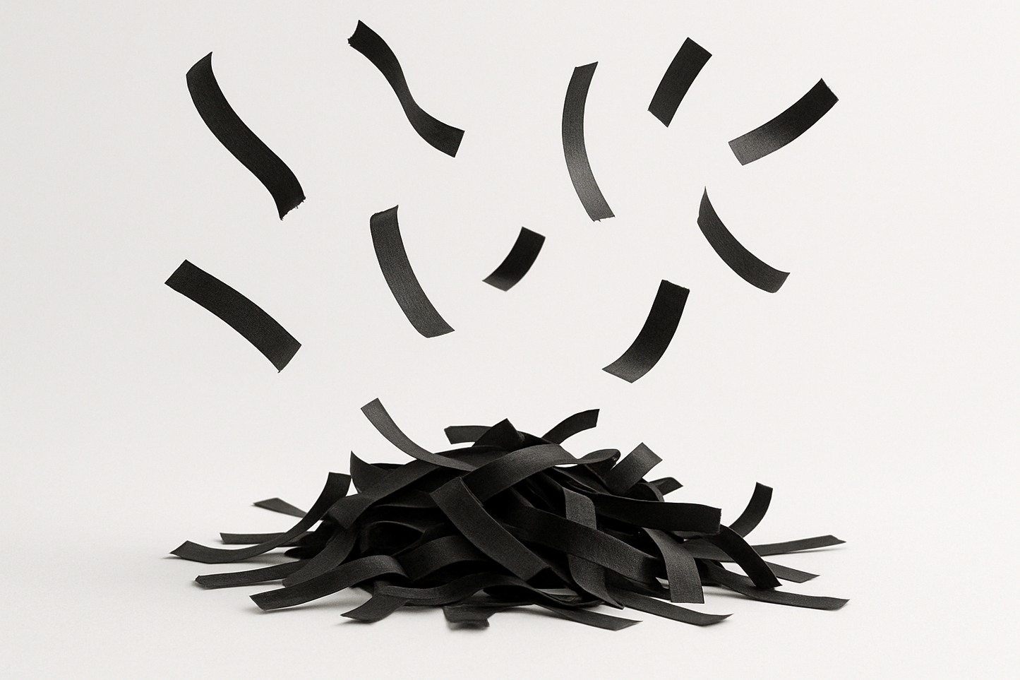 black confetti strips in a pile with some floating