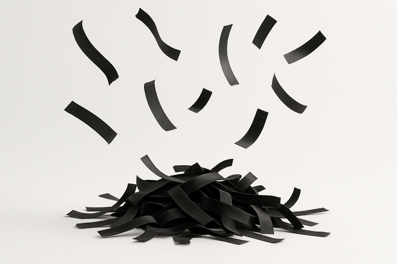 black confetti strips in a pile with some floating