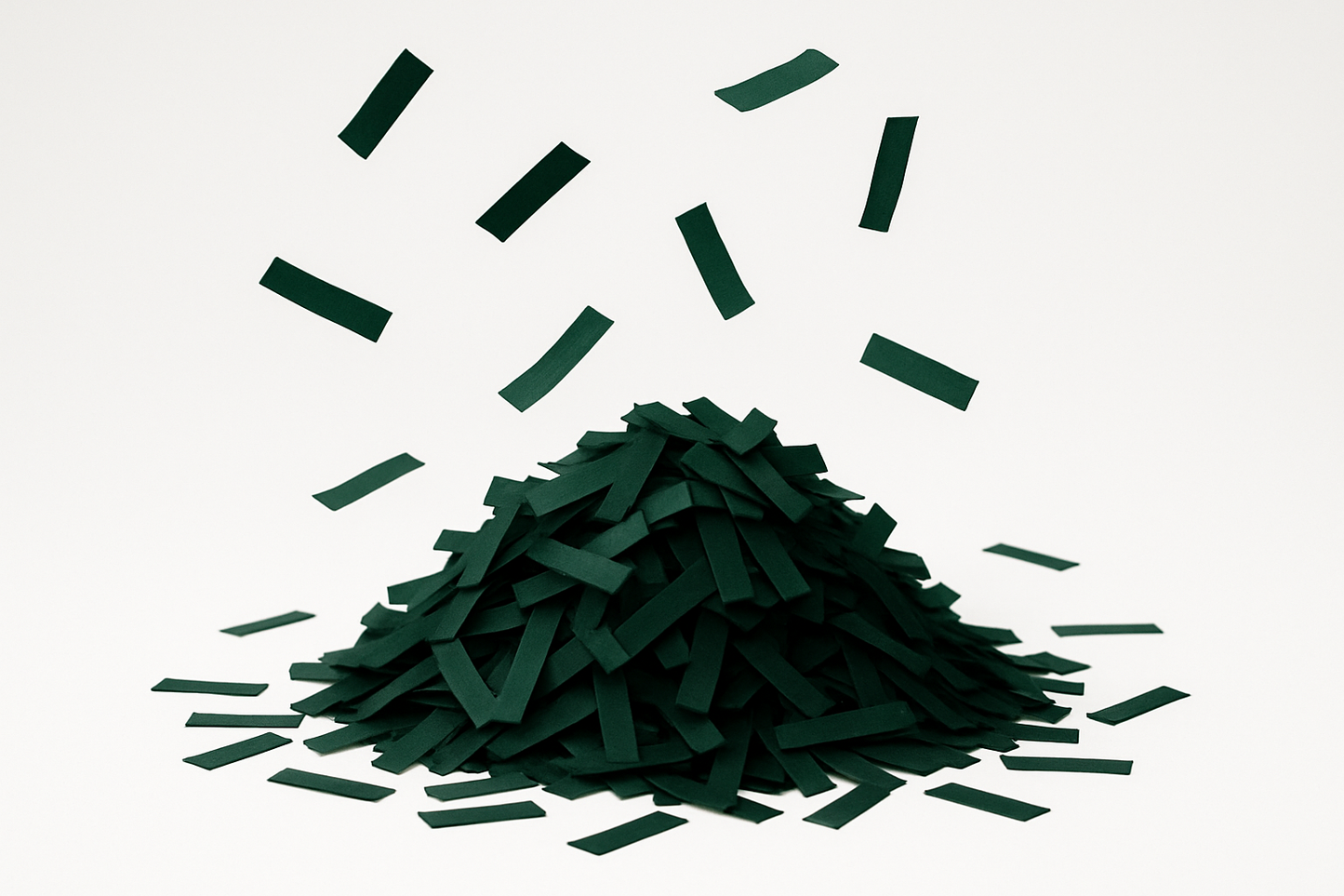 dark green confetti strips in a pile with some floating