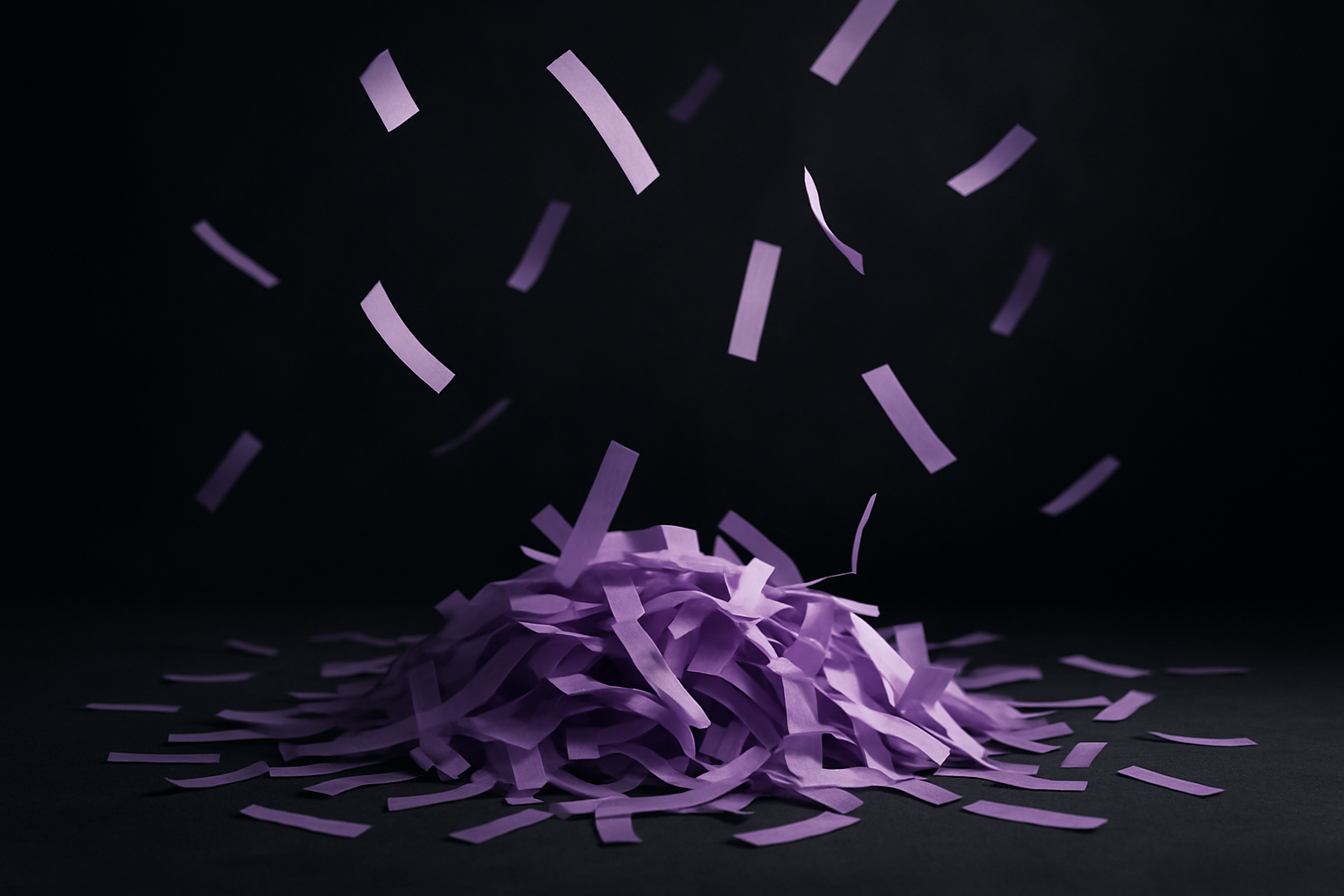 light purple confetti strips, in a pile with some floating, darker background