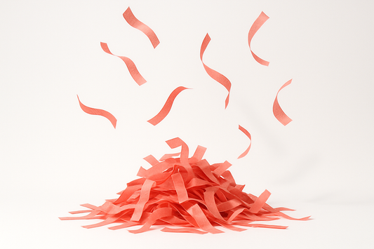 light red confetti strips in a pile with some floating 