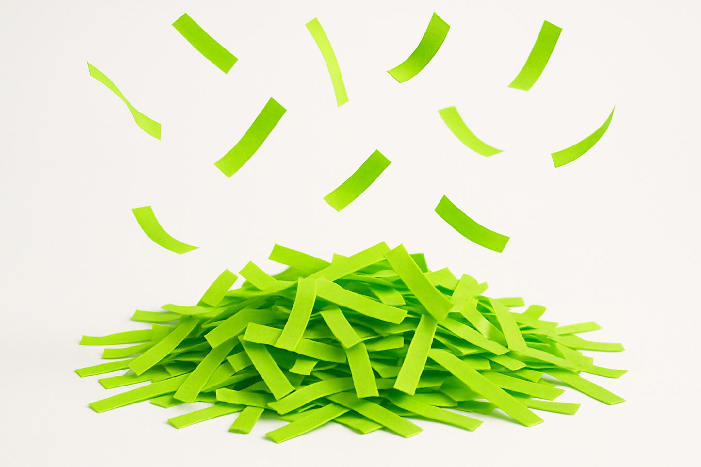 Lime green confetti strips in a pile with some floating 