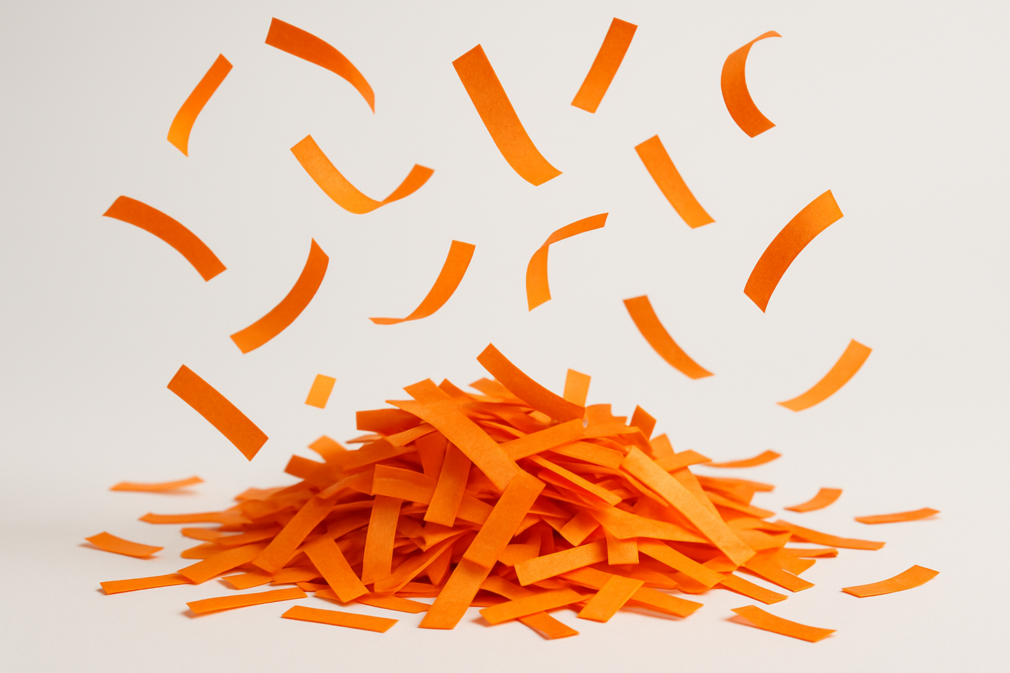 orange confetti strips in a pile with some floating