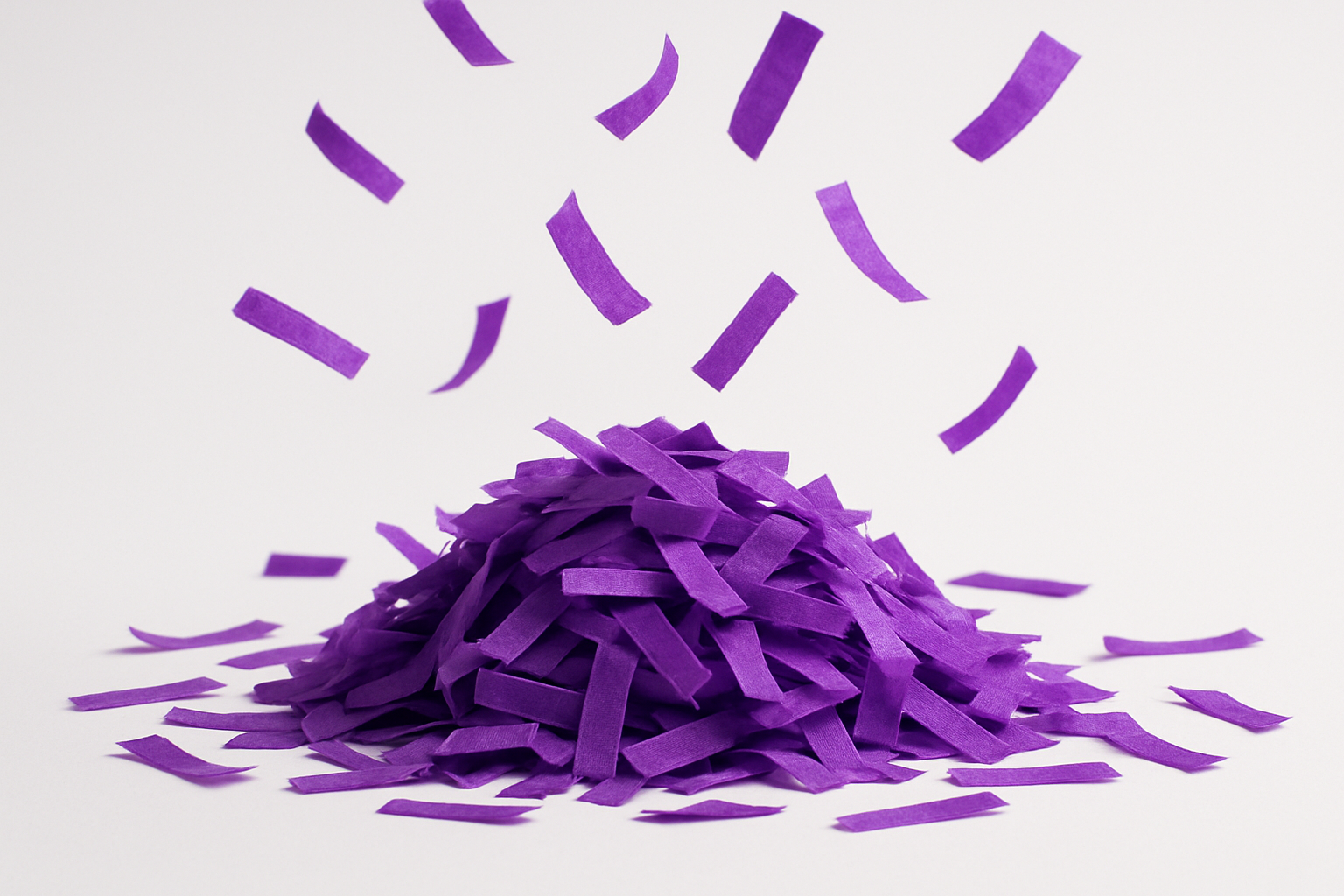 purple confetti strips in a pile with some floating