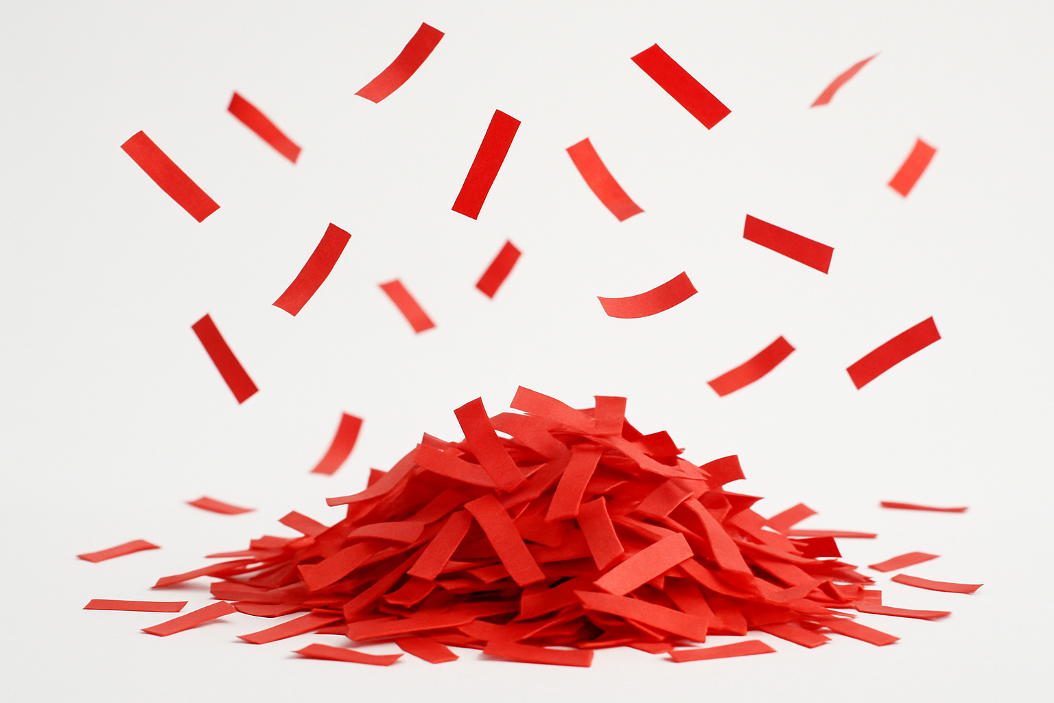 red confetti strips in a pile with some floating 